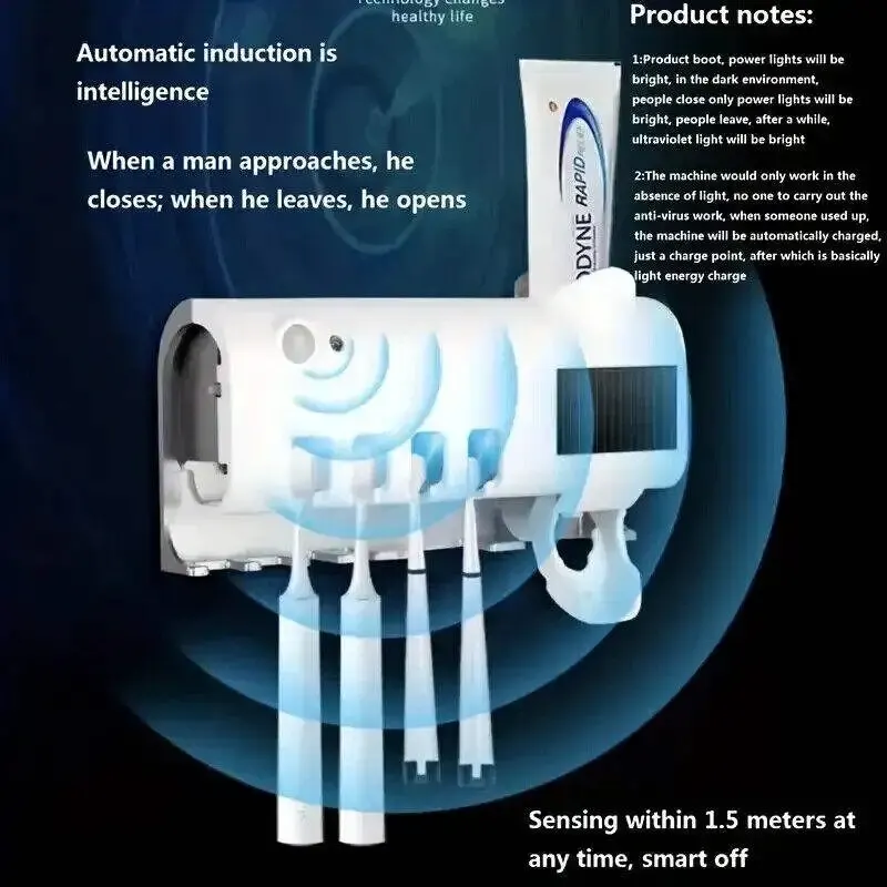 Toothbrush Holder Wall Mounted Solar UV Light Ultraviolet Toothbrush Sterilizer Automatic Toothpaste Holders Bathroom Accessory